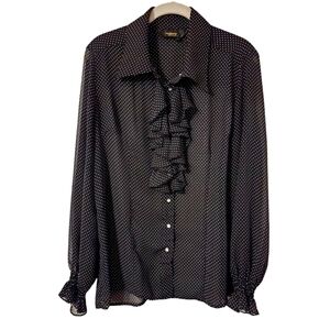 Vintage Twiggy Sheer Polka Dot Ruffle Front Collar Button Down Shirt